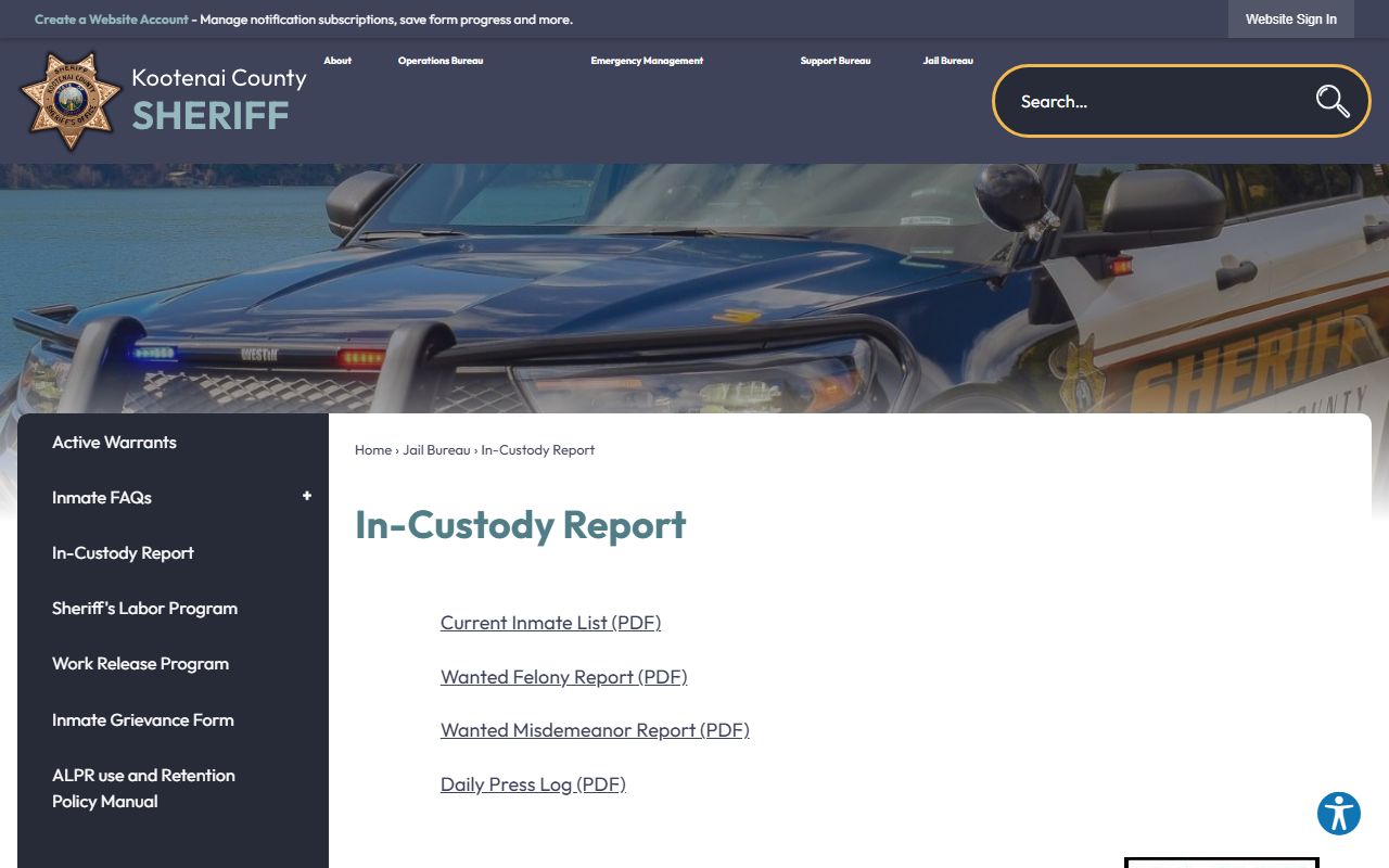 Kootenai County inmate population in-custody report page and jail roster links