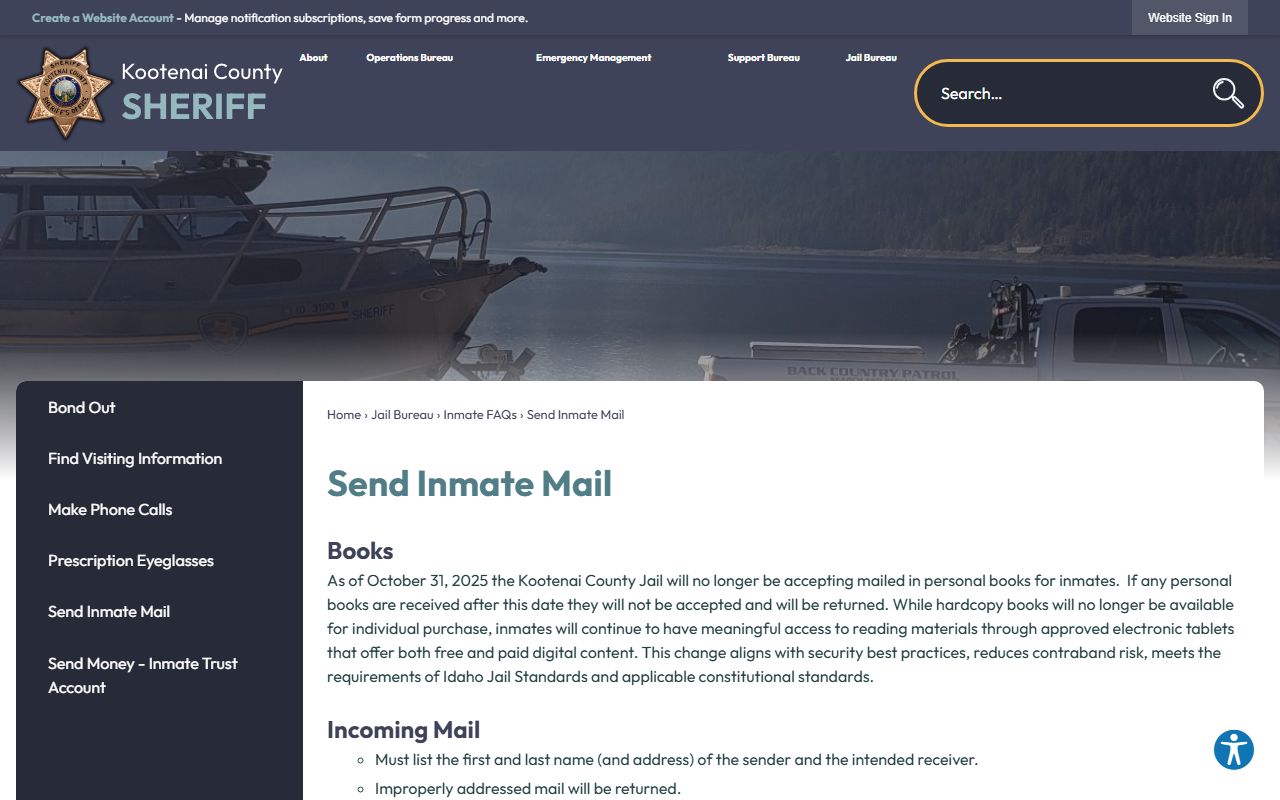 Kootenai County Jail inmate mail rules and adult custody mailing address
