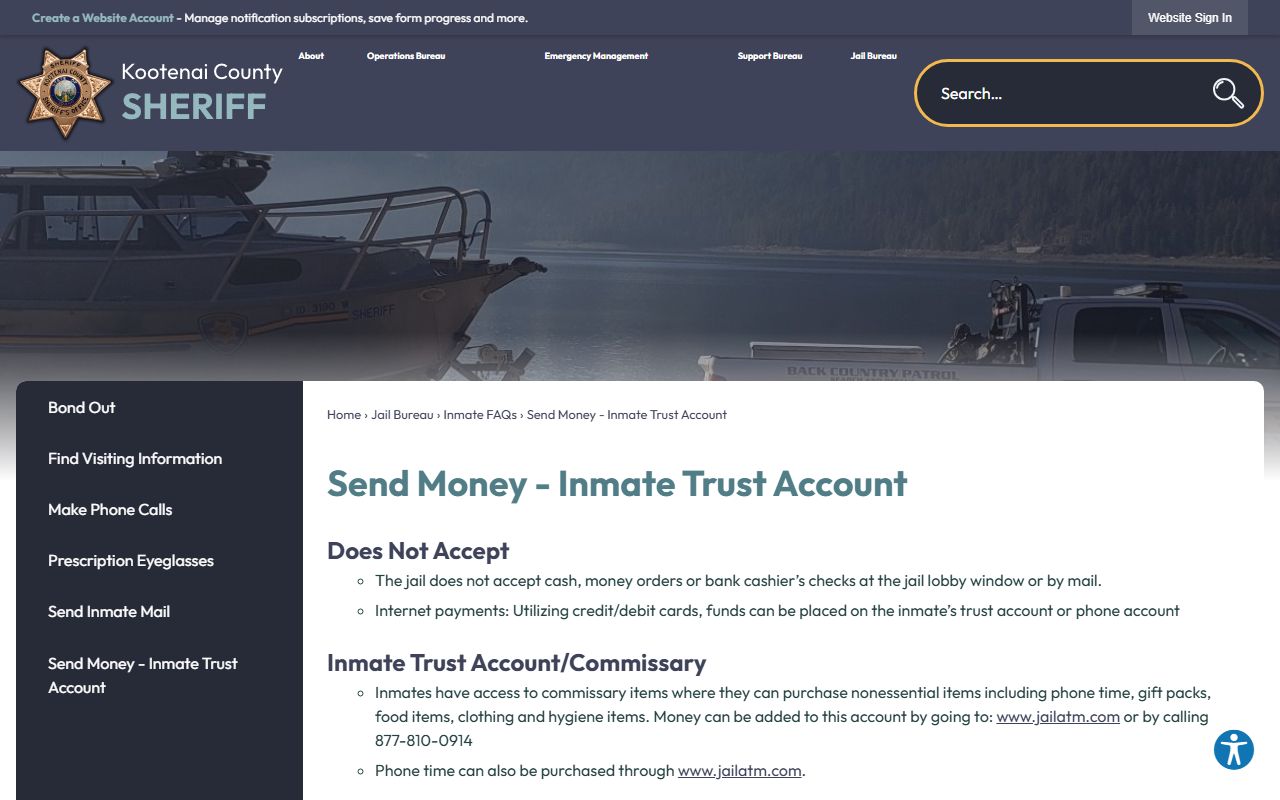 Kootenai County Jail inmate money JailATM and CTEL account rules