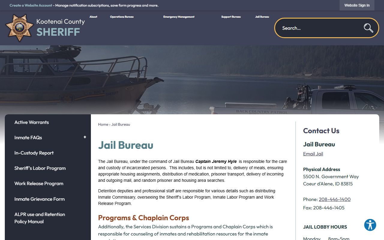 Kootenai County Jail Bureau adult custody and jail records page